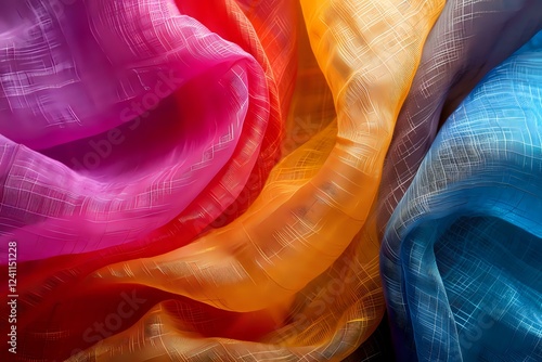 Vibrant flowing fabric in pink, orange, yellow and blue creates dynamic waves and curves with textured surface catching light for artistic background. photo