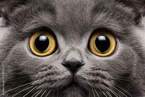 Close-up of a British Shorthair cat with big surprised eyes