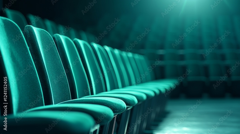 Fototapeta premium Dreamy, unfocused shot of old green theater chairs in a row, capturing their aged character and the quiet of an empty hall