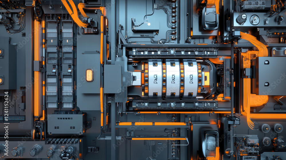 Fototapeta premium High tech robot assembly line featuring electric car battery cells, showcasing intricate machinery and vibrant orange accents. scene highlights advanced manufacturing technology