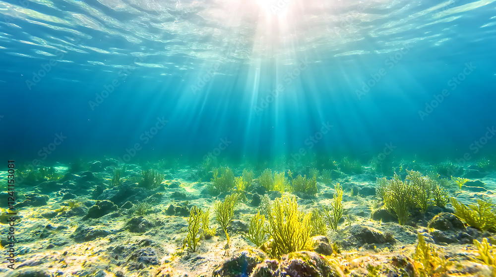Fototapeta premium Dynamic water splash, bubbles, ripples, underwater light rays and tranquil ocean views