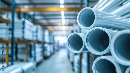 Industrial Warehouse with Stacks of PVC Pipes