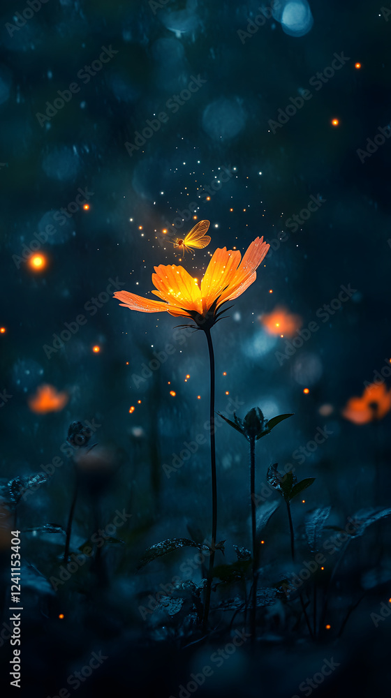 Enchanting Firefly Illuminating a Flower in a Mystical Forest Enchanting Firefly Illuminating a Flower in a Mystical Forest
