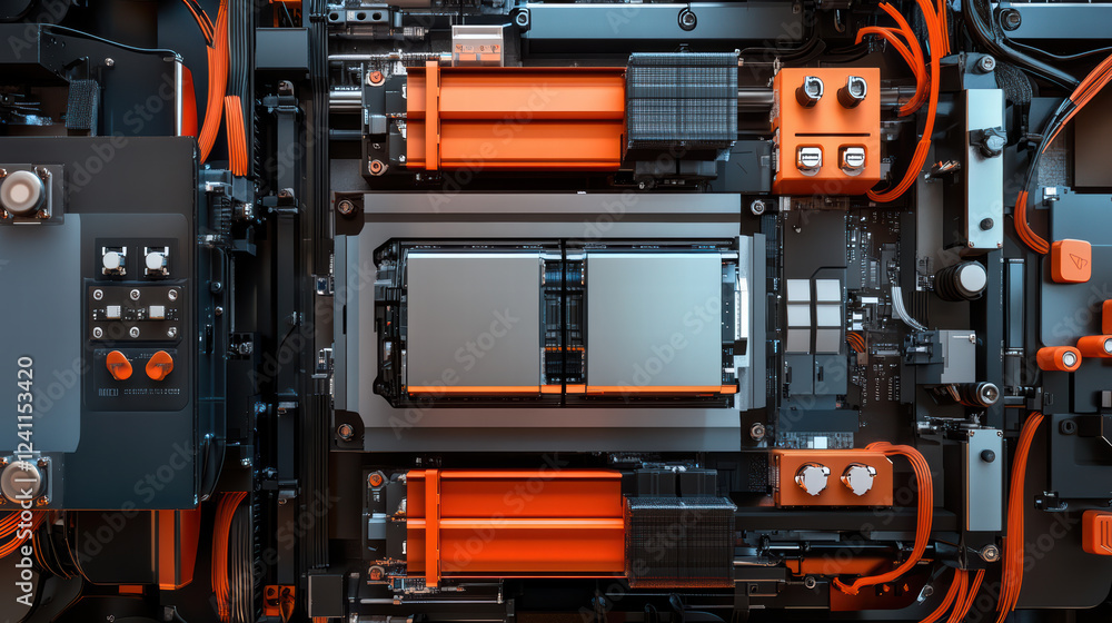 Fototapeta premium High tech machinery featuring electric car battery modules and intricate wiring. image showcases detailed assembly line setup with vibrant orange accents and advanced components