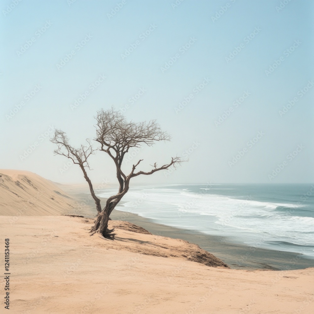 Lone tree on desert coastline overlooking tranquil ocean waves under clear blue sky Lone tree on desert coastline overlooking tranquil ocean waves under clear blue sky