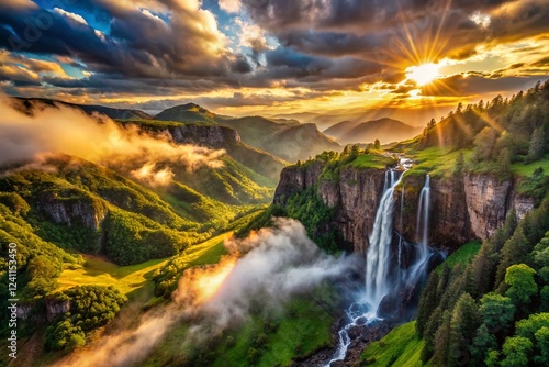 Misty Mountain Waterfall Sunset Aerial View - Dramatic Landscape Photography