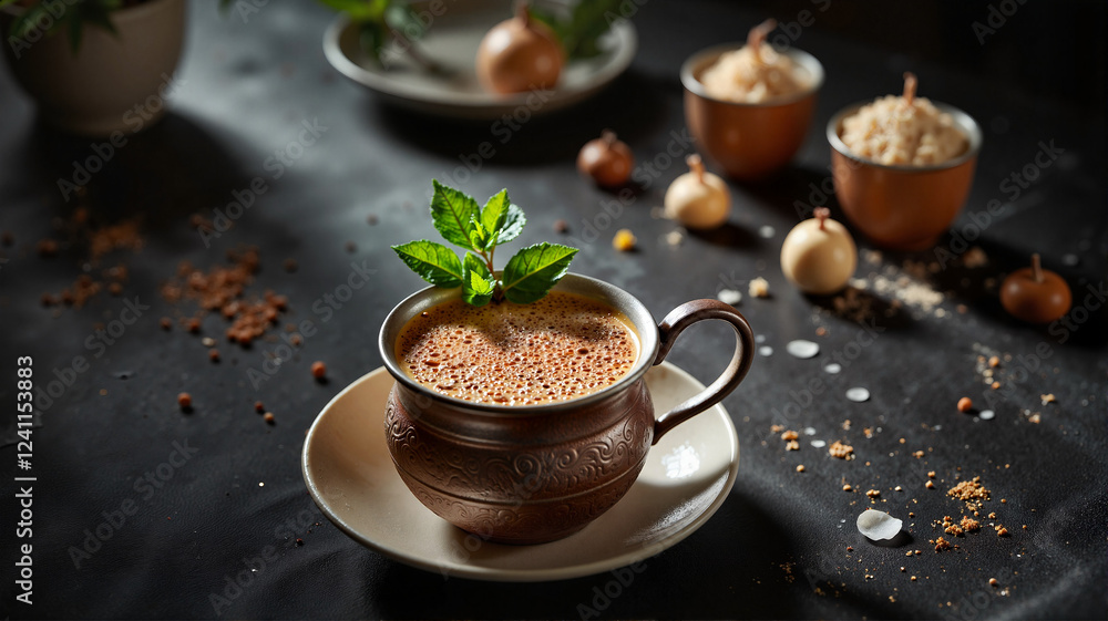 Moroccan mint tea with foamy bubbles on dark kitchen table, culinary art Moroccan mint tea with foamy bubbles on dark kitchen table, culinary art