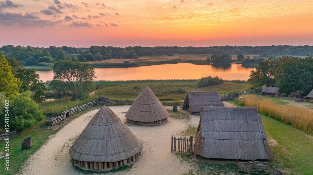 Tranquil Sunset Over Historic Traditional Thatched Roof Dwellings Tranquil Sunset Over Historic Traditional Thatched Roof Dwellings