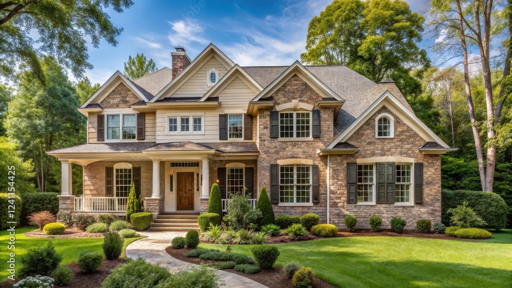 Classic, elegant home with beige siding and stoned base Classic, elegant home with beige siding and stoned base