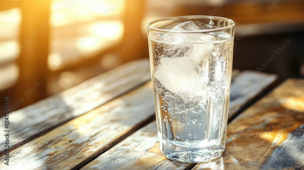 Refreshing Glass of Cold Water with Ice Cubes on Wooden Table Refreshing Glass of Cold Water with Ice Cubes on Wooden Table