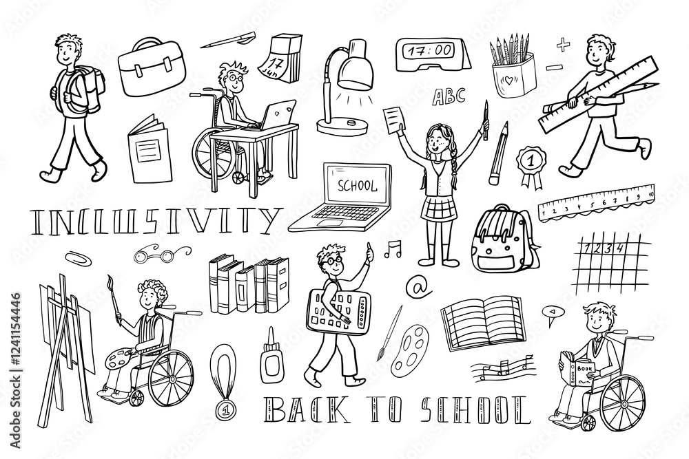 Obraz premium Inclusivity. Inclusive education. School students. School kids in a wheelchair. Teen boy in a wheelchair. Back to school. Doodle style. Great for banner, posters, professional design.