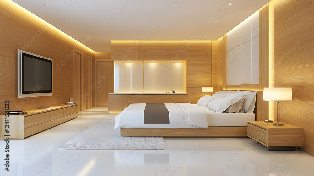 Fototapeta premium Modern Minimalist Bedroom Design, Warm Wood Accents, Plush Bed, Integrated Lighting, and Sleek Furnishings Enhance Relaxation.