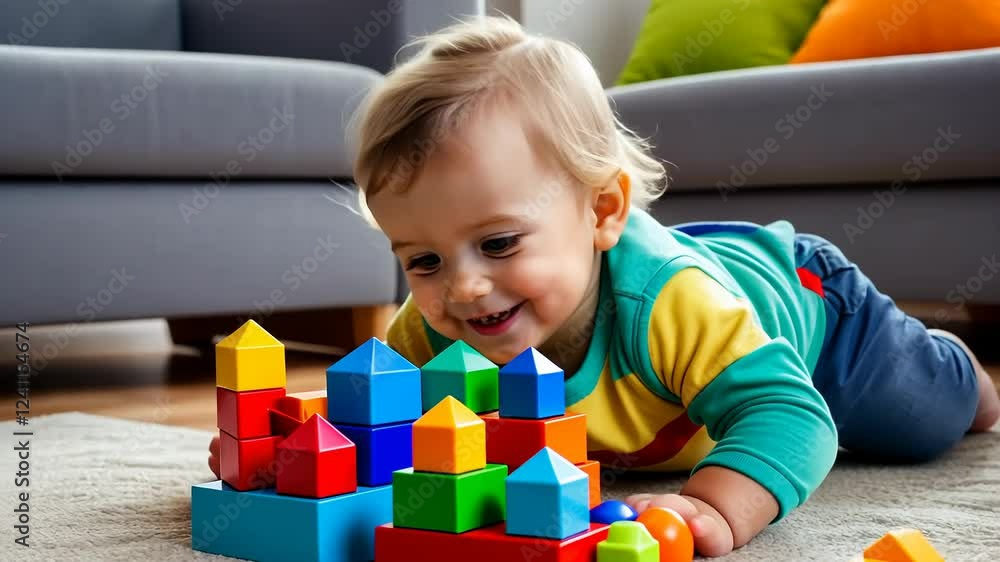 Child plays with colorful building blocks on a carpet in a bright living room Child plays with colorful building blocks on a carpet in a bright living room