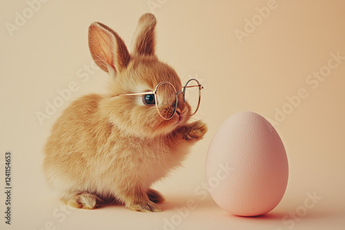 Cute rabbit wearing glasses interacts with a pastel egg in a cozy setting