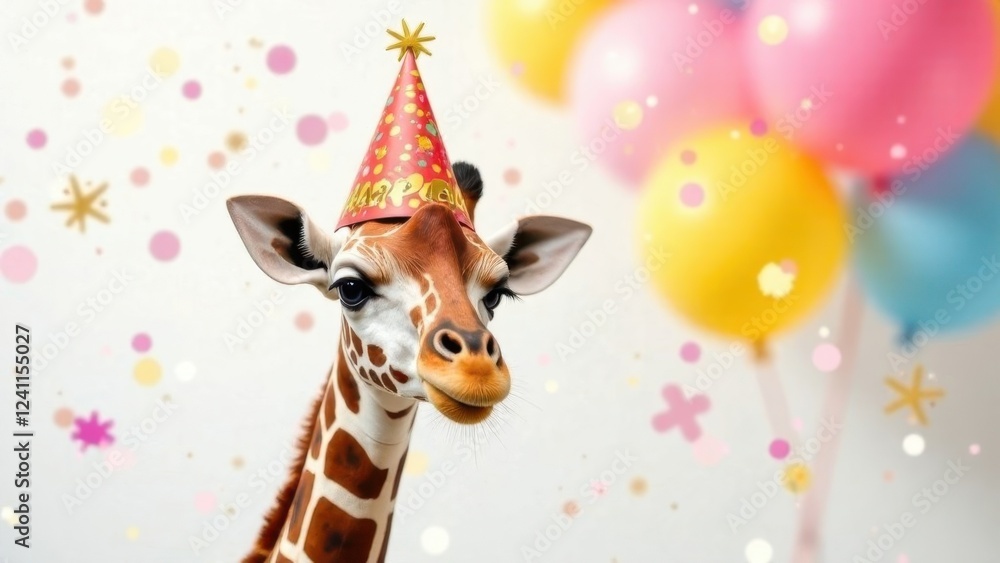 Fototapeta premium Cute giraffe birthday portrait. Giraffe on the background of balloons, birthday, party, pet, decoration.