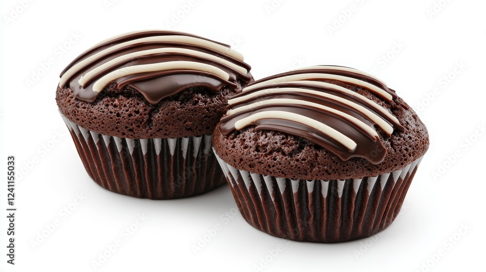 Elegant composition of two chocolate muffins with slight shadows on a white surface, presenting a clean and professional culinary image Elegant composition of two chocolate muffins with slight shadows on a white surface, presenting a clean and professional culinary image
