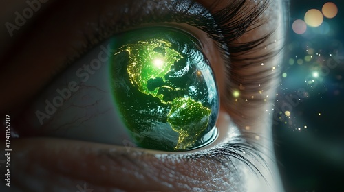 Fototapeta Naklejka Na Ścianę i Meble -  A macro close up shot of a human eye with the Earth displayed as the iris symbolizing a profound perspective on our planet and its place in the universe as seen through the of humanity