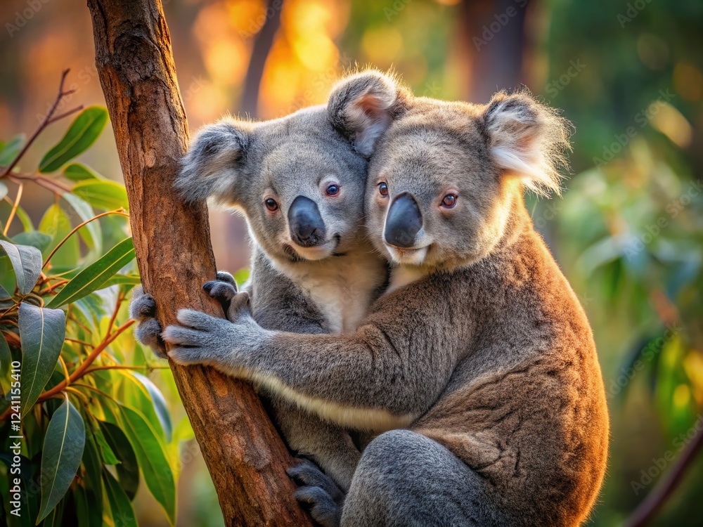 Fototapeta premium Minimalist Koala Couple Cuddling in Eucalyptus Tree - Romantic Wildlife Stock Photo