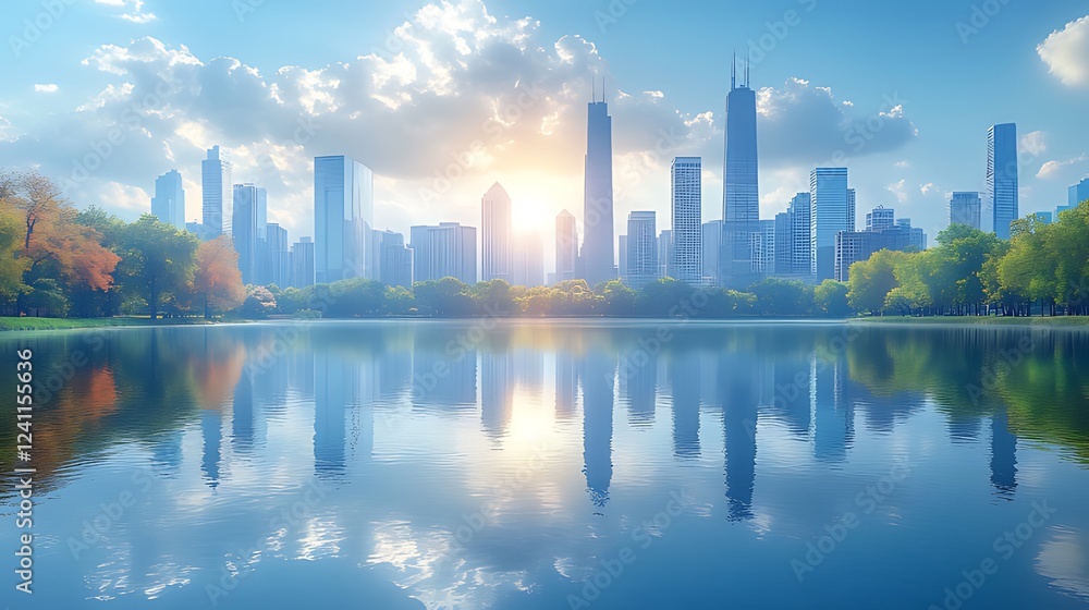 Obraz premium Cityscape sunrise reflection, lake park, autumn