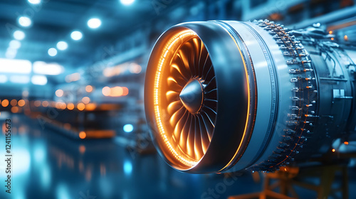 Close-up of a powerful jet engine showcasing intricate details and glowing components in a modern industrial setting. photo