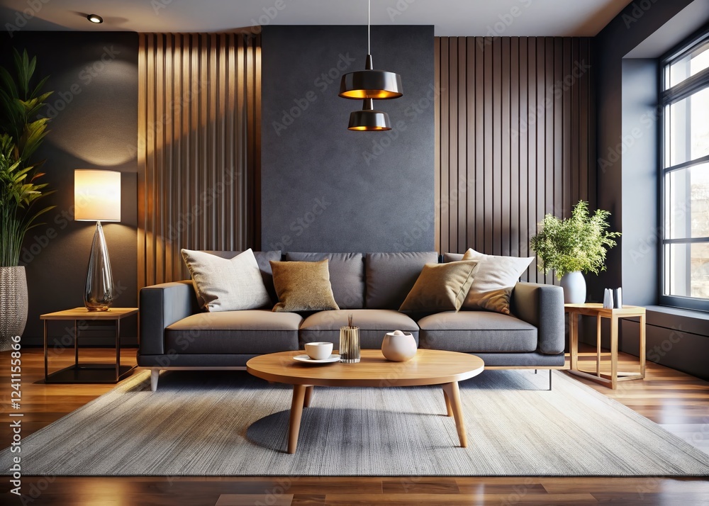 Fototapeta premium Minimalist Modern Living Room with Black Accent Wall - Tilt-Shift Photography