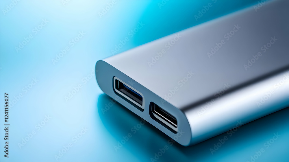 Close-up of a sleek metallic power bank with USB-C ports, perfect for modern device charging. Close-up of a sleek metallic power bank with USB-C ports, perfect for modern device charging.
