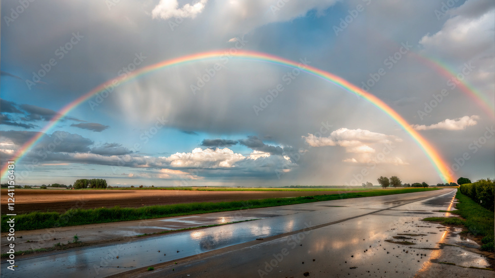 Naklejka premium Vibrant rainbow over a rural road after a rain shower in the countryside