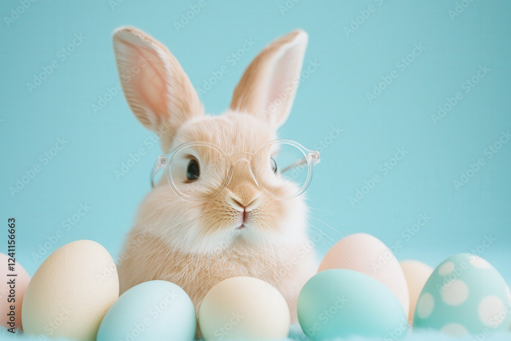 Fototapeta premium Cute bunny with glasses surrounded by pastel Easter eggs on a blue backdrop