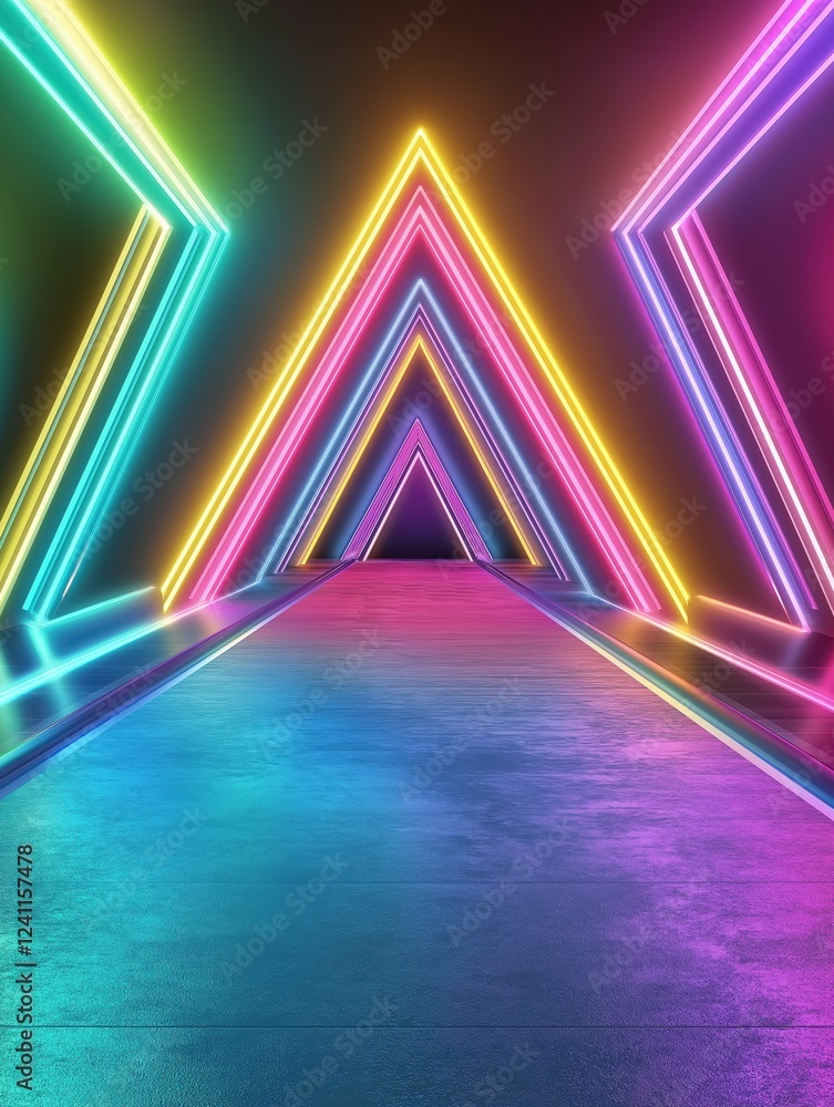 Fototapeta premium photography of a futuristic neon-lit tunnel with glowing triangular shapes creating a symmetrical perspective, vibrant colors reflecting on the glossy floor