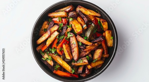 Plate of fried vegetables with meat on white background, top view.