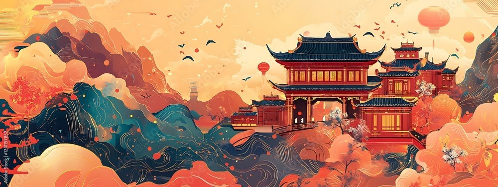 Asian-style architecture nestled in a vibrant landscape with flowing hills and a sunset sky, featuring traditional buildings and lanterns. Asian-style architecture nestled in a vibrant landscape with flowing hills and a sunset sky, featuring traditional buildings and lanterns.