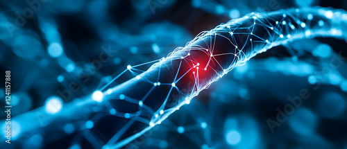 Close-up view of a digital network with glowing nodes and connections, symbolizing advanced technology and data flow.