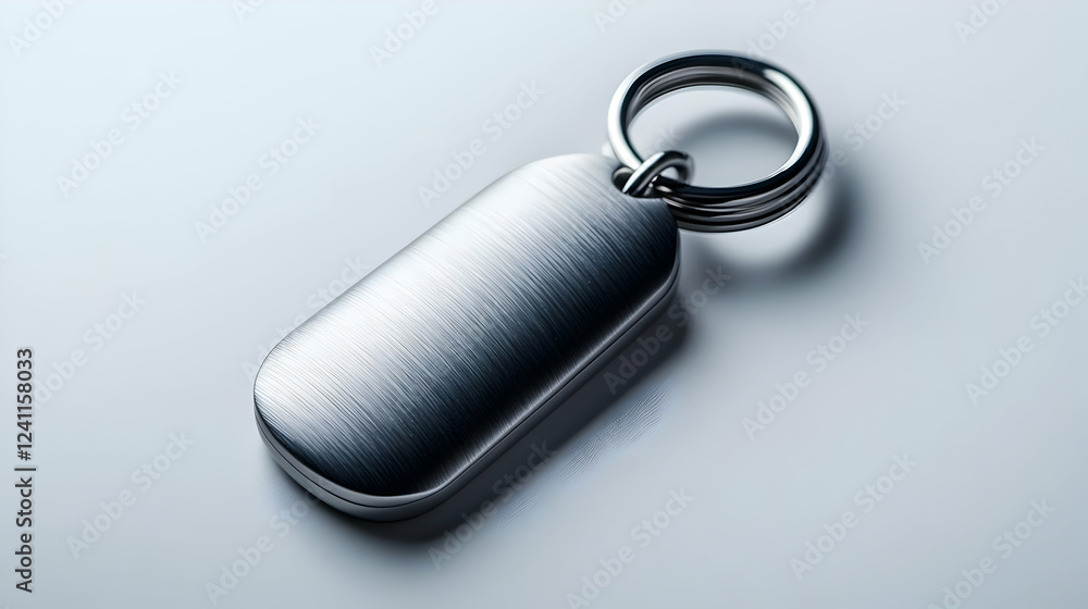 Close-up view of a shiny metal keychain with a blank tag, ideal for personalization and creative projects. Close-up view of a shiny metal keychain with a blank tag, ideal for personalization and creative projects.