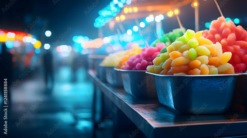 Naklejka premium Colorful fruit bowls displayed at a vibrant night market, enticing customers with their fresh and bright appearance.