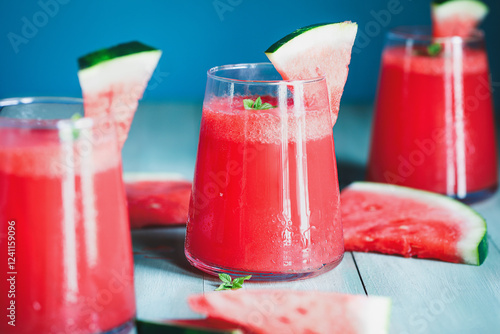 Refreshing sparkling drink made with lime and watermelon and garnished with ice and mint. Refreshing summer drink. Aguas Frescas cocktail on a wooden background.