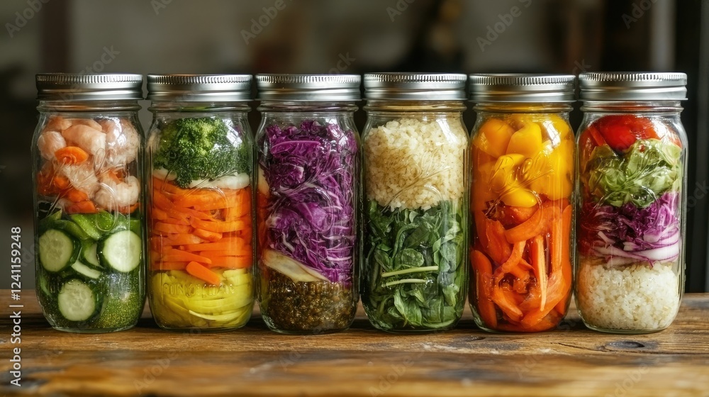 Colorful Vegetable Jars on Rustic Table with Fresh Ingredients Colorful Vegetable Jars on Rustic Table with Fresh Ingredients