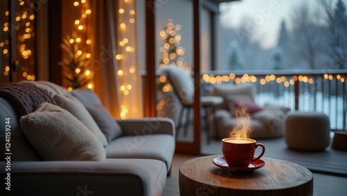 Cozy design of modern Balcony On Winter, cinematic photography