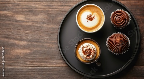Two cups of coffee and chocolate cupcakes on a tray on wooden table, top view.