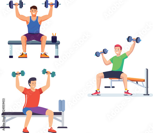 Three cartoon men are depicted performing dumbbell shoulder presses, seated on weight benches.