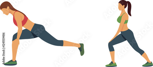 Two women are shown in profile view performing a leg stretch, likely a lunge or hamstring stretch.