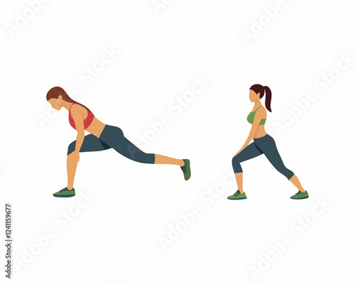 Two women are shown in profile view performing a leg stretch, likely a lunge or hamstring stretch.