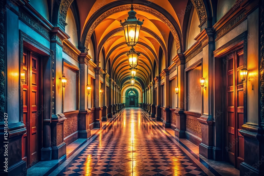 Mysterious Illuminated Corridor: Low Light Architecture Stock Photo Mysterious Illuminated Corridor: Low Light Architecture Stock Photo