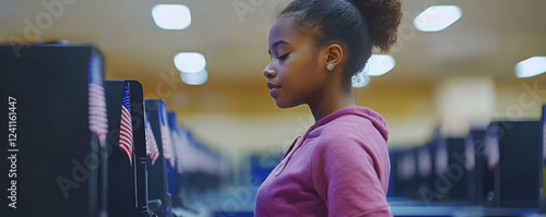 Young Person Carefully Uses Voting Machine: Civic Duty, Election, Participation, Democracy, Patriotism, Future, Responsibility, Engagement, Community, Country,  National Identity,  Political Process