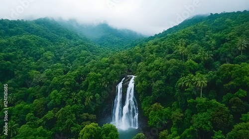 Lush green mountains waterfall aerial view misty tropical rainforest travel poster