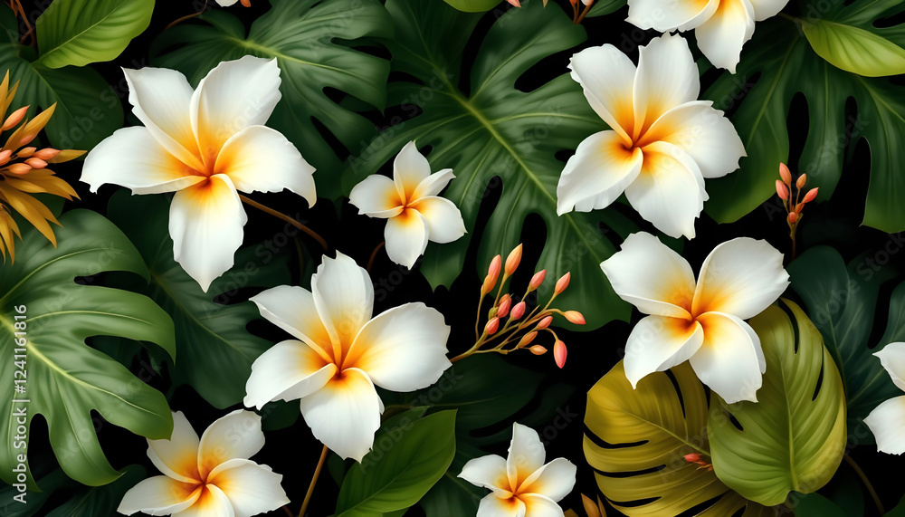 A dark tropical pattern showcasing oversized monstera leaves and delicate white plumeria flowers on a black background A dark tropical pattern showcasing oversized monstera leaves and delicate white plumeria flowers on a black background