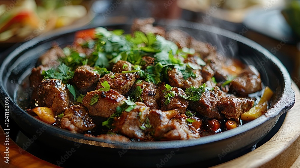 Sizzling Meat Dish Plated with Fresh Herbs and Vegetables Sizzling Meat Dish Plated with Fresh Herbs and Vegetables