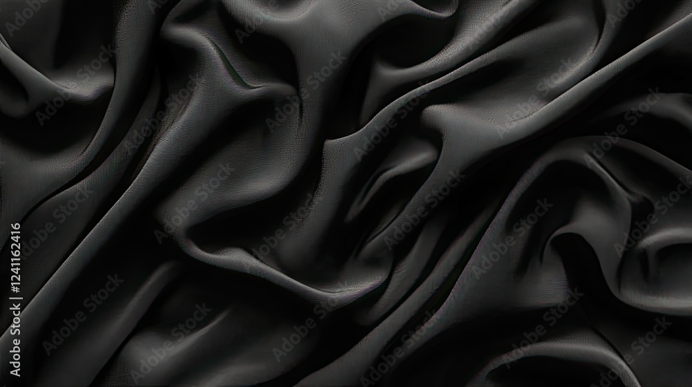 Elegant Black Satin Fabric Draped in Soft Waves and Creases