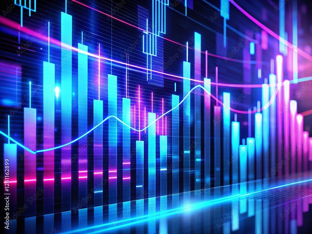 Neon Stock Market Fluctuation Silhouette: Abstract Glowing Bars in Blue and Purple Neon Stock Market Fluctuation Silhouette: Abstract Glowing Bars in Blue and Purple