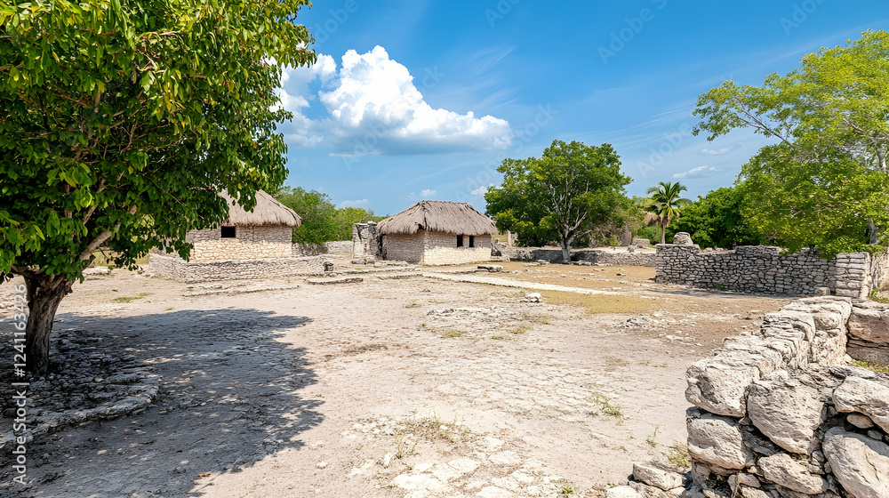 Mayan ruins courtyard, sunny day, lush trees, travel destination Mayan ruins courtyard, sunny day, lush trees, travel destination