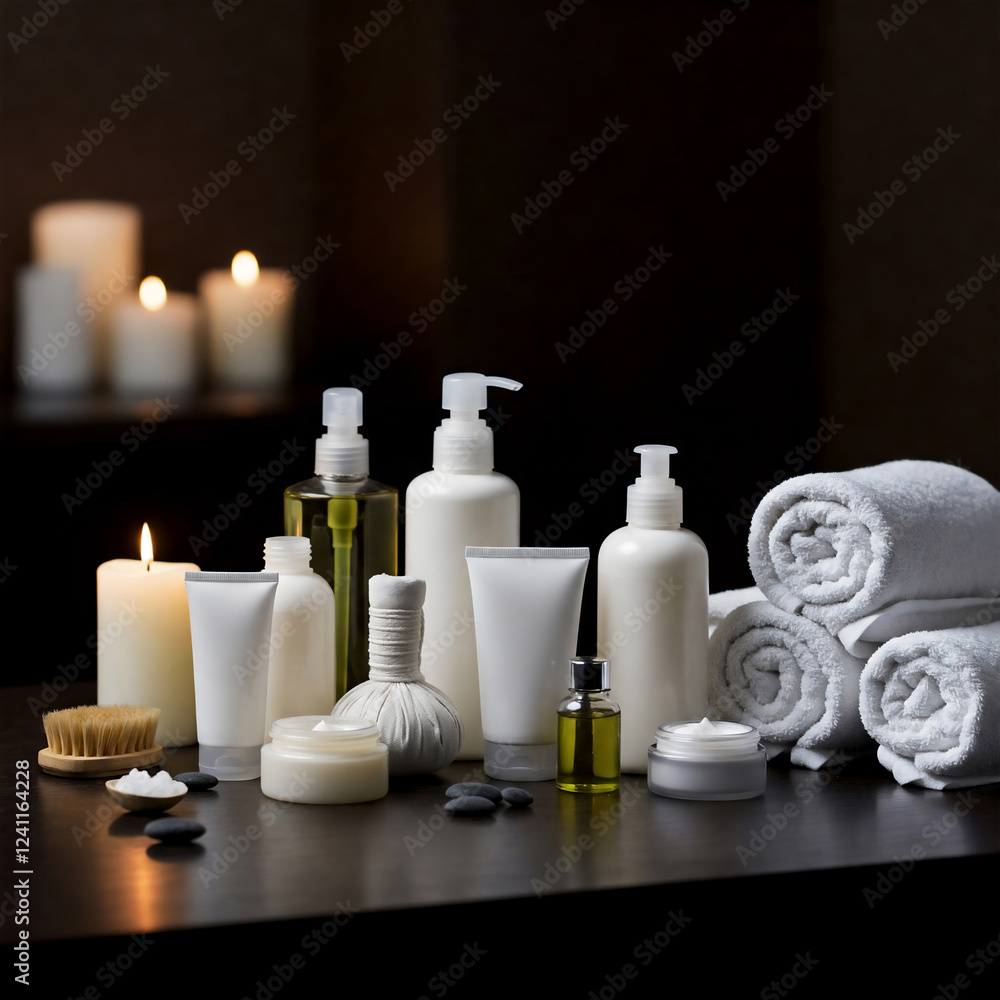 Cream bottle and towel in spa room Cream bottle and towel in spa room